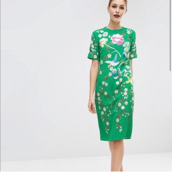 asos green embroidered dress